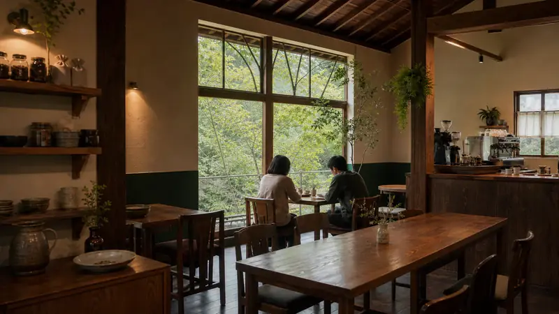 窓辺の席とカウンターが見える木漏れ日カフェの店内